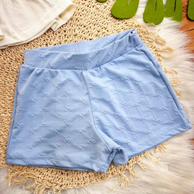  Conj. Blusa Anarruga Dois Laços e Short - Off White e Azul Bebê
